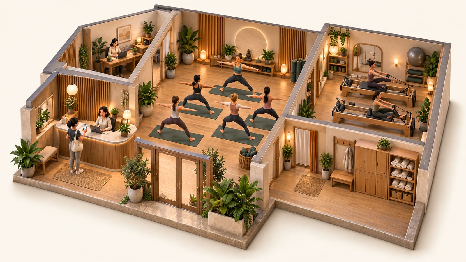 A boutique fitness studio cutaway with reception, yoga and pilates rooms, changing area and an office, linked by gold lines.
