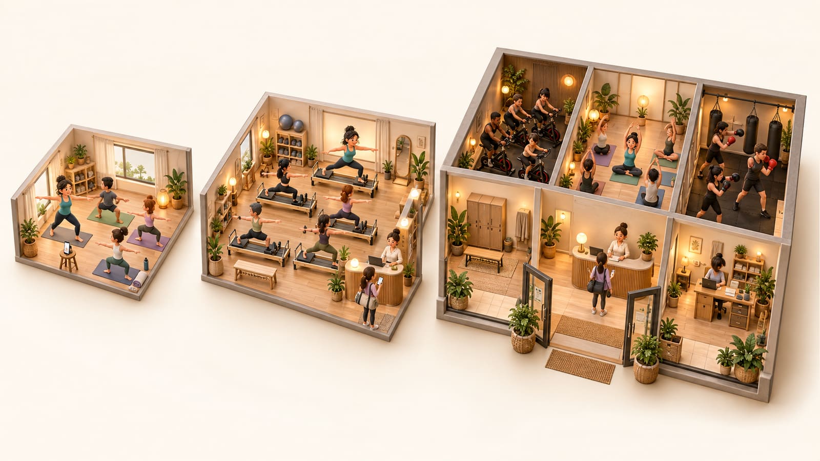 One instructor in a rented room, a small pilates studio, and a studio with several class rooms.
