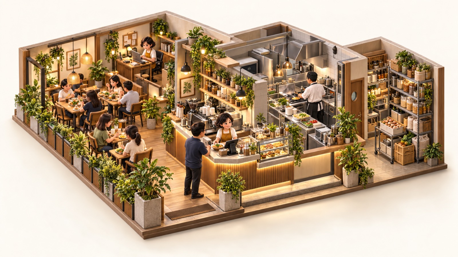 A small café seen from above with its walls cut away: diners at tables, the owner at the counter serving a customer, a cook in the kitchen, shelves of ingredients in the store room and a desk with a laptop at the back, all joined by gold lines.