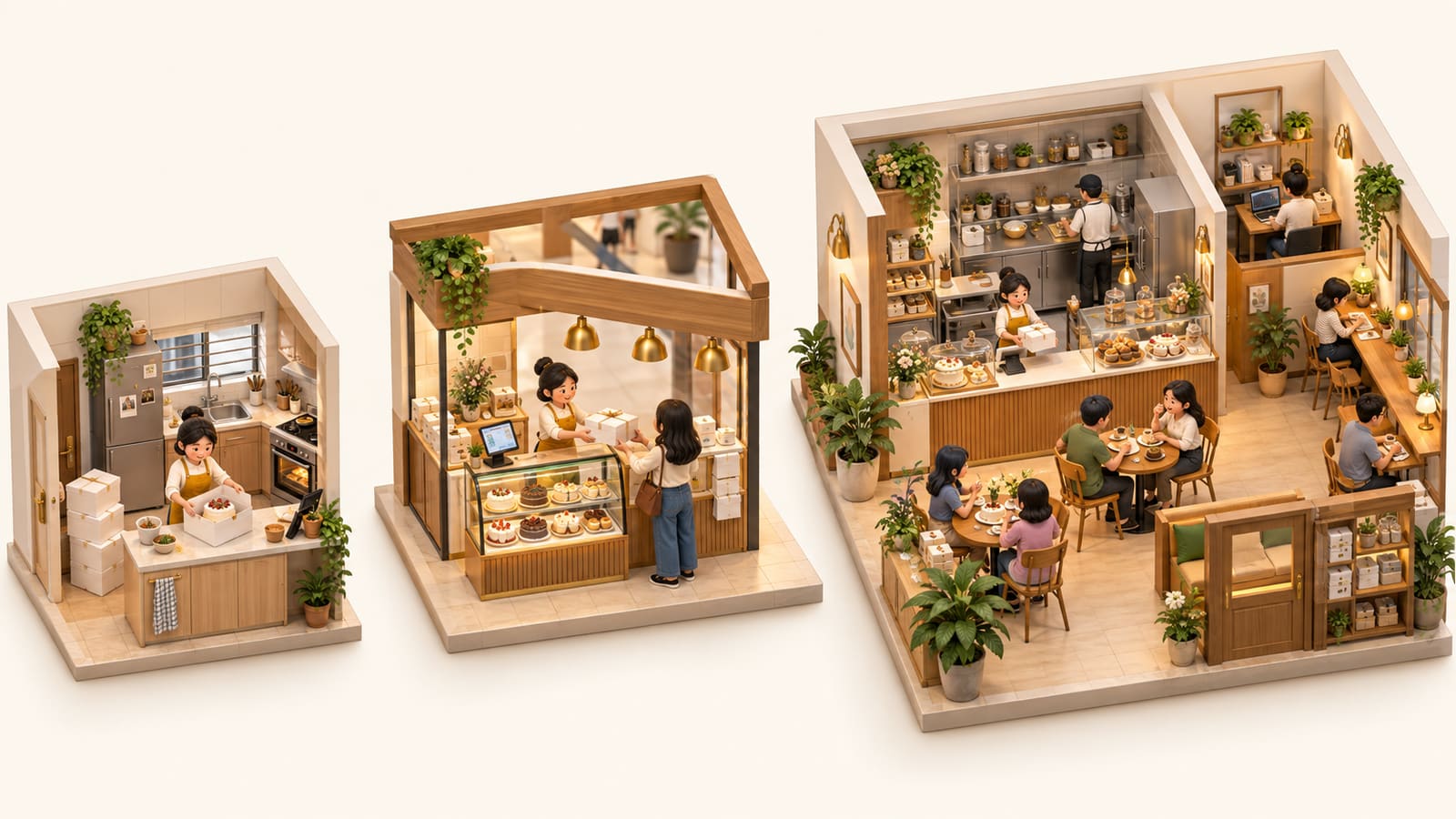 The same baker grows from a home kitchen to a takeaway kiosk and a café.