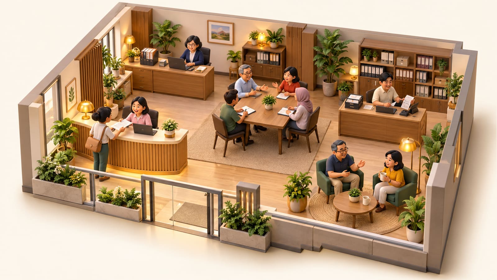A community association office cutaway with a welcome desk, shared register desk, committee table and receipts desk, linked by gold lines.