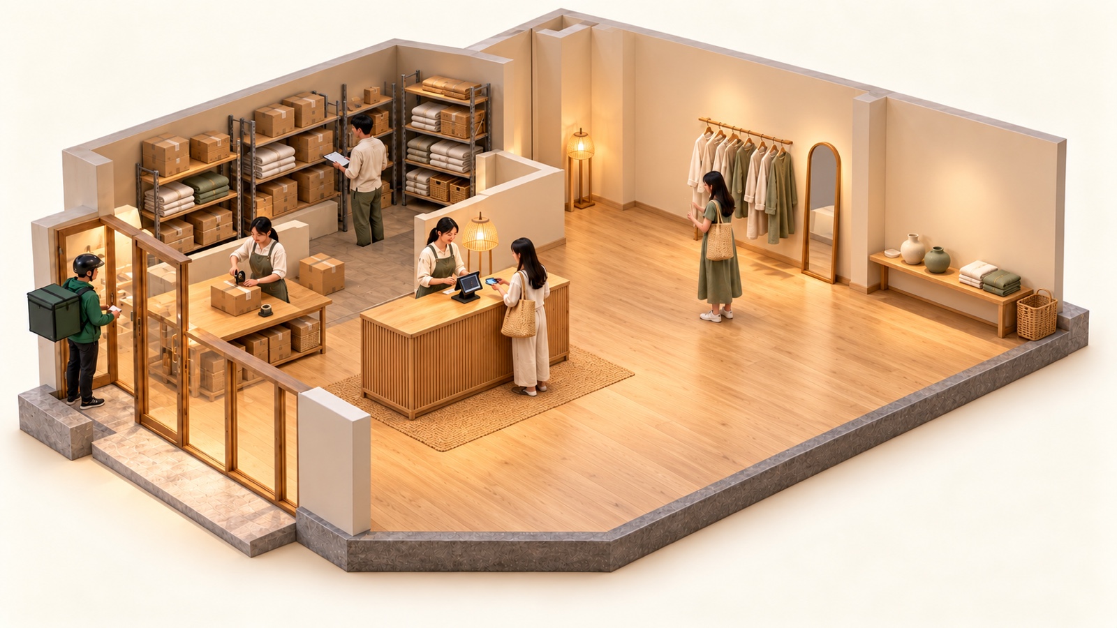 A spacious linen and homeware boutique in warm miniature: a customer pays at the counter, an owner checks stock, and a staff member packs an online order for a waiting delivery rider