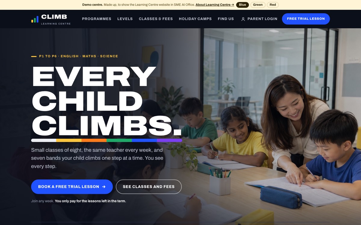 Climb, a made-up learning centre website: Every child climbs, with a Book a free trial lesson button