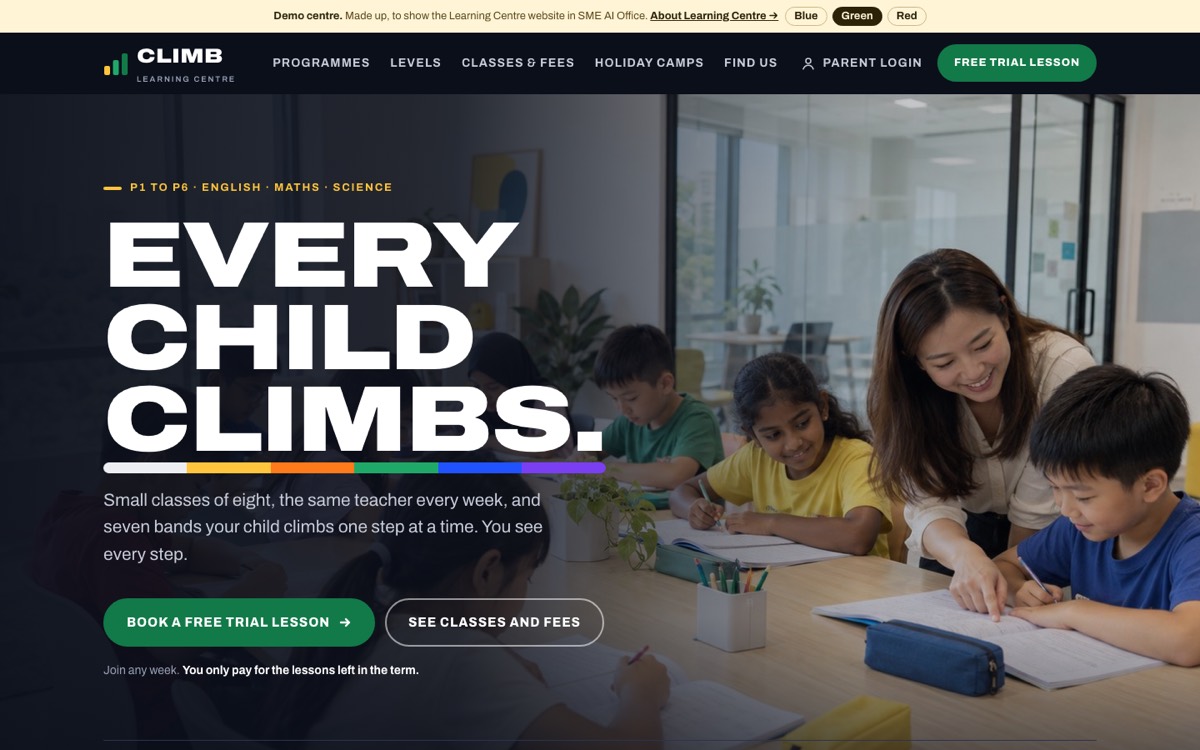 The Learning Centre website in Green, shown on Climb