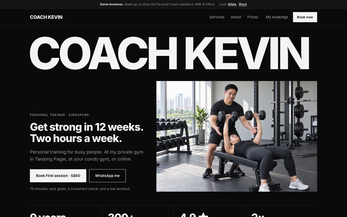 Coach Kevin, a made-up personal trainer website in Black: Get strong in 12 weeks, with a Book first session button