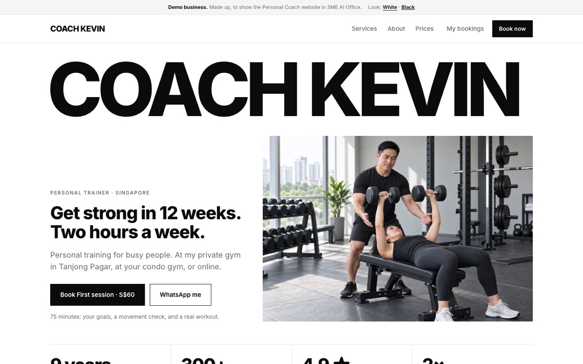 The Personal Coach website in White, shown on Coach Kevin