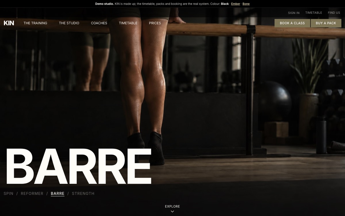 KIN, a made-up fitness studio website in the Black colour: a full-screen barre photo, Book a class and Buy a pack
