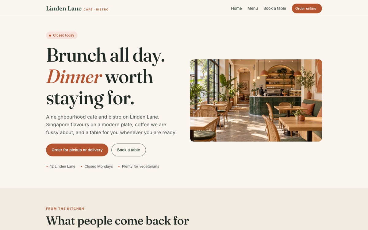 Linden Lane, a made-up café and bistro website: brunch all day, order for pickup or delivery, book a table
