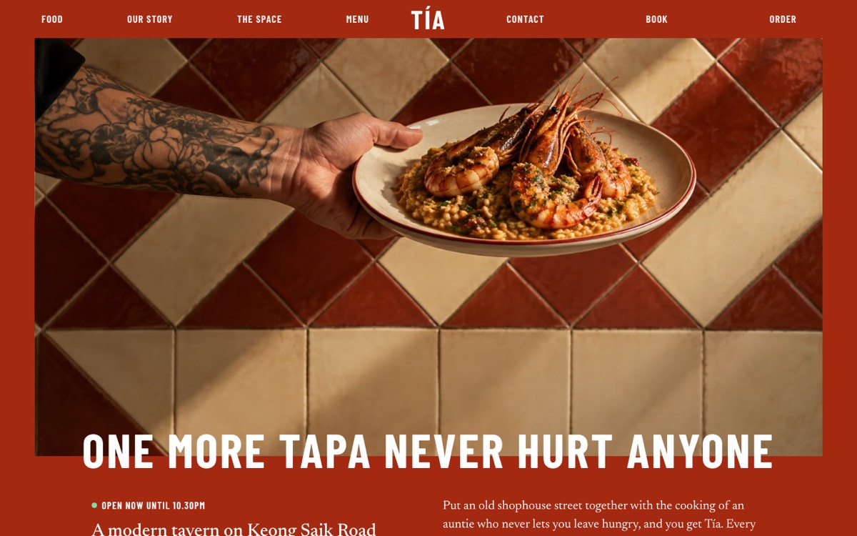 Tía, a made-up tavern website with a full-width photo of grilled prawns and big capital headings