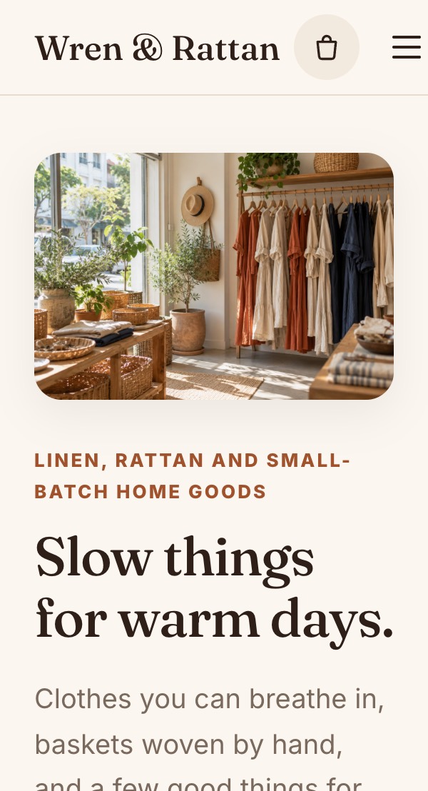 Wren & Rattan’s website on a phone: Slow things for warm days
