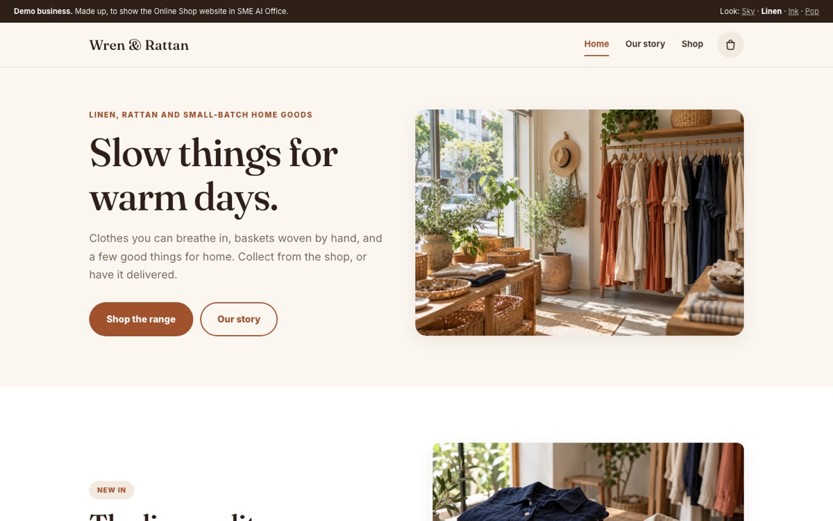 Wren & Rattan, a made-up boutique website: Slow things for warm days, with a photo of a bright shop with linen on a rail