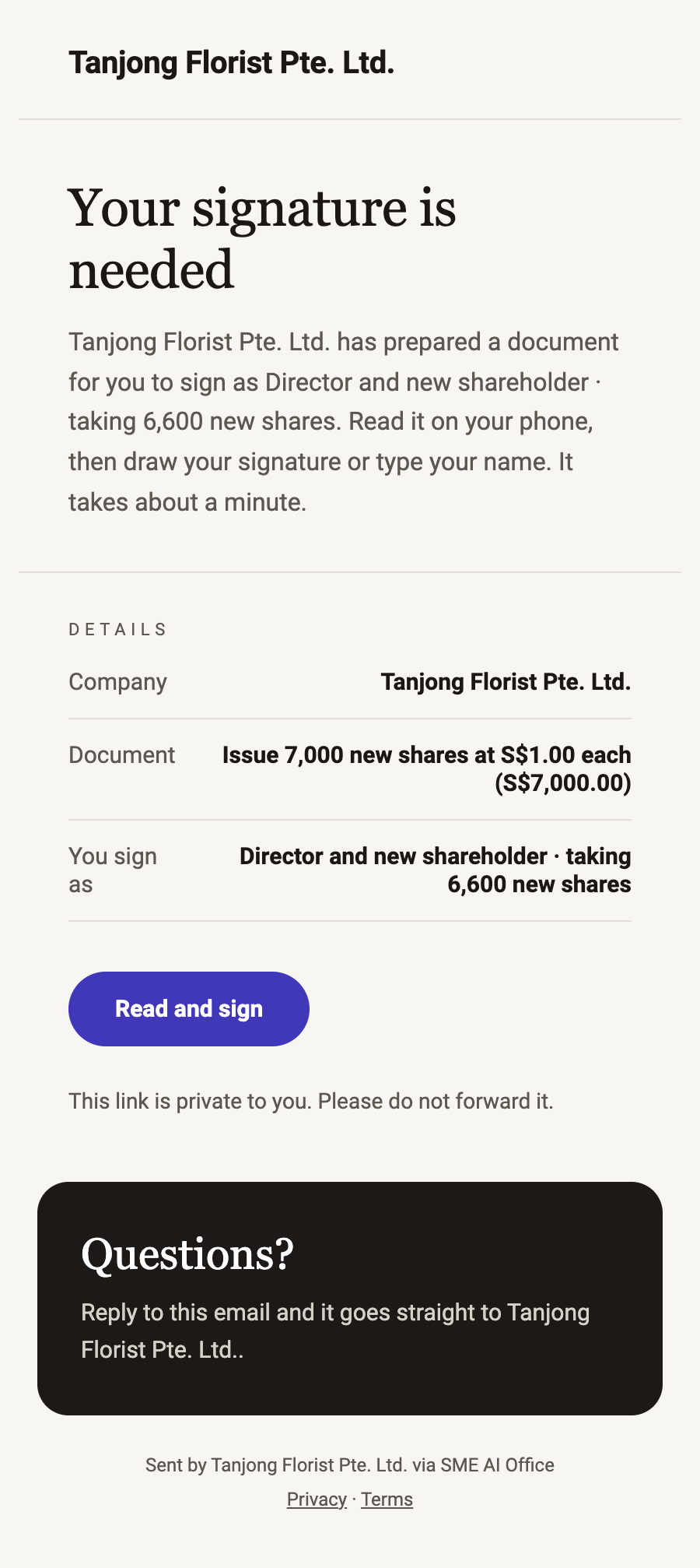 Signing email to Daniel Tan showing the document, his role and the Read and sign button.
