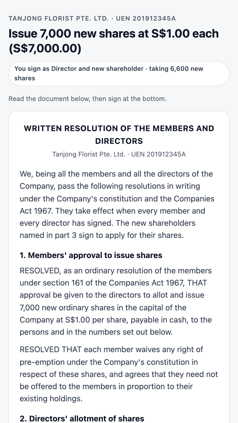 Top of Daniel Tan’s signing page showing his role as director and new shareholder, followed by the resolution.