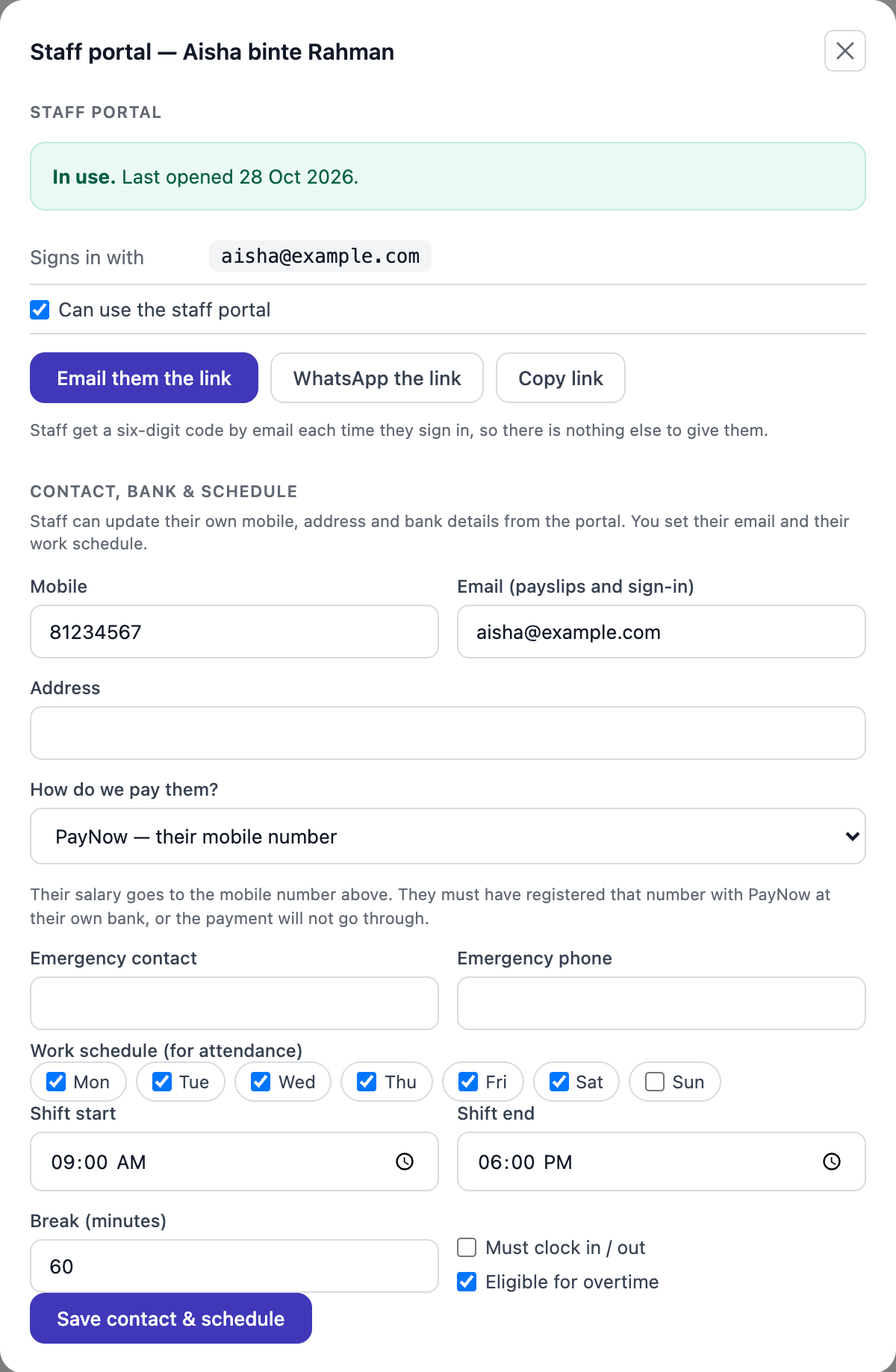 Staff portal and contact window for Aisha: portal in use, sign-in email, mobile, paid by PayNow to her mobile, and her work schedule.