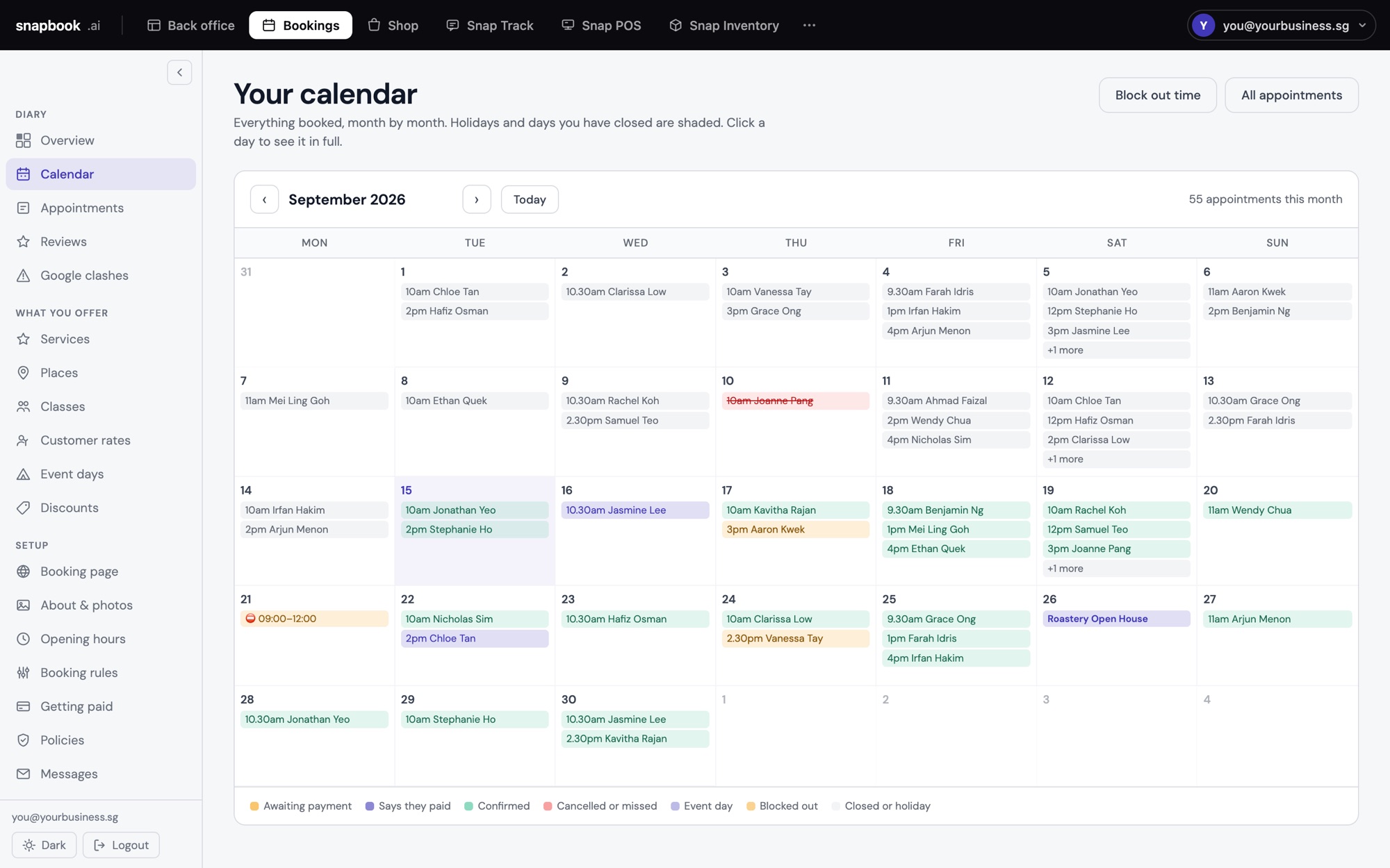 The SME AI Office bookings calendar: a month of appointments, coloured by paid, waiting and cancelled