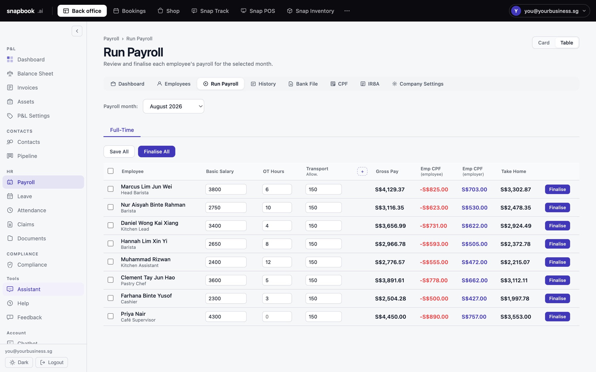 Running payroll in SME AI Office: each employee's pay, overtime, allowance, CPF and take-home pay