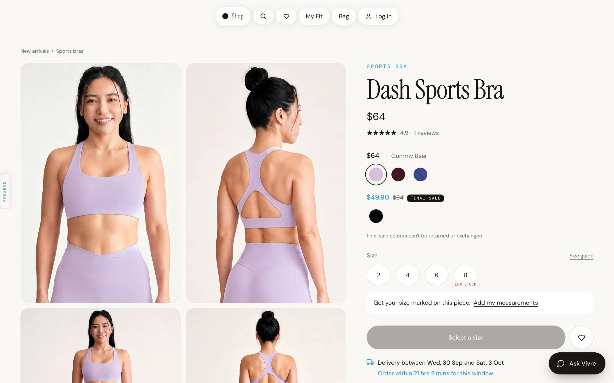 The Dash Sports Bra page: three new colours at S$64 in one row, an older colour at S$49.90 marked final sale in a row of its own, sizes with 'Low stock' on size 8, a prompt to add measurements, and a delivery window with a countdown.