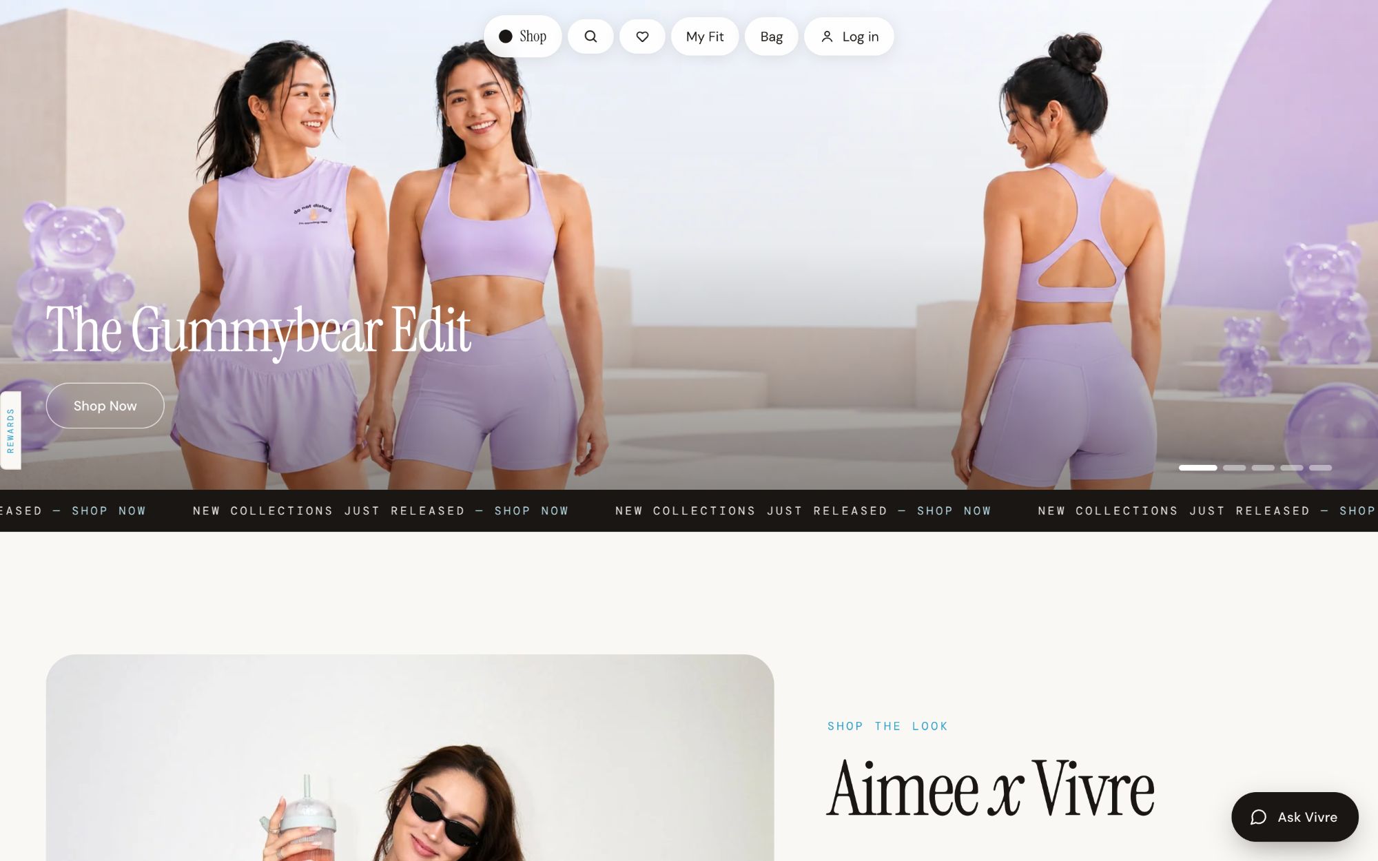 Vivre Activewear's home page: a full-width photo of the Gummybear Edit with a floating menu of Shop, search, saved, My Fit, Bag and Log in.