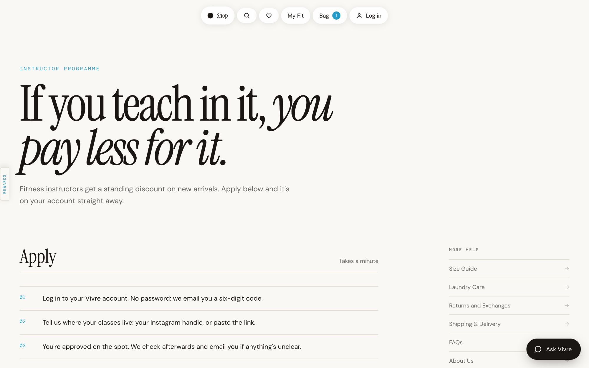 The instructor programme page: If you teach in it, you pay less for it. Apply in a minute and be approved on the spot.