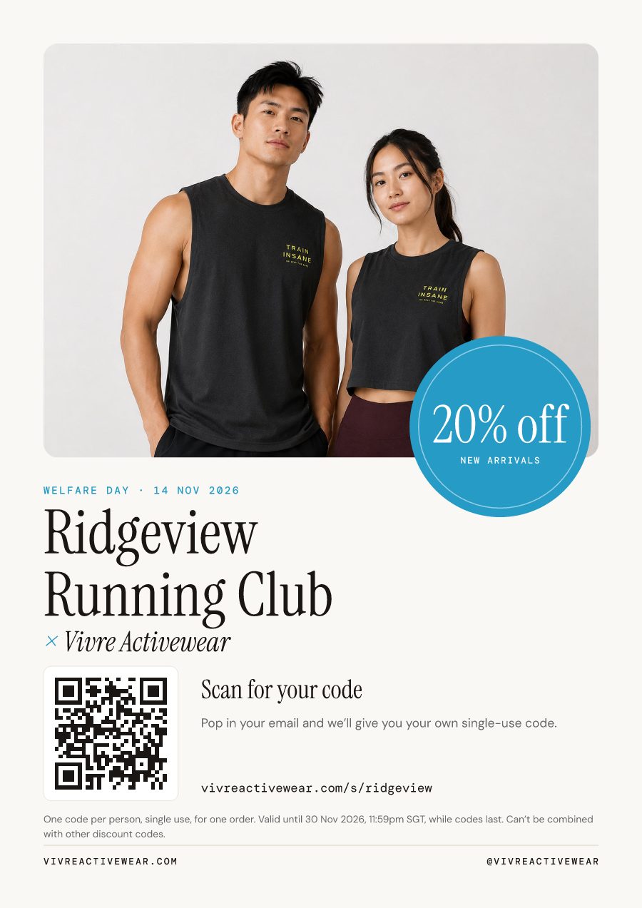 The A4 poster: a photo, a round 20% off sticker, the club's name with Vivre Activewear, and a QR code to claim a code.
