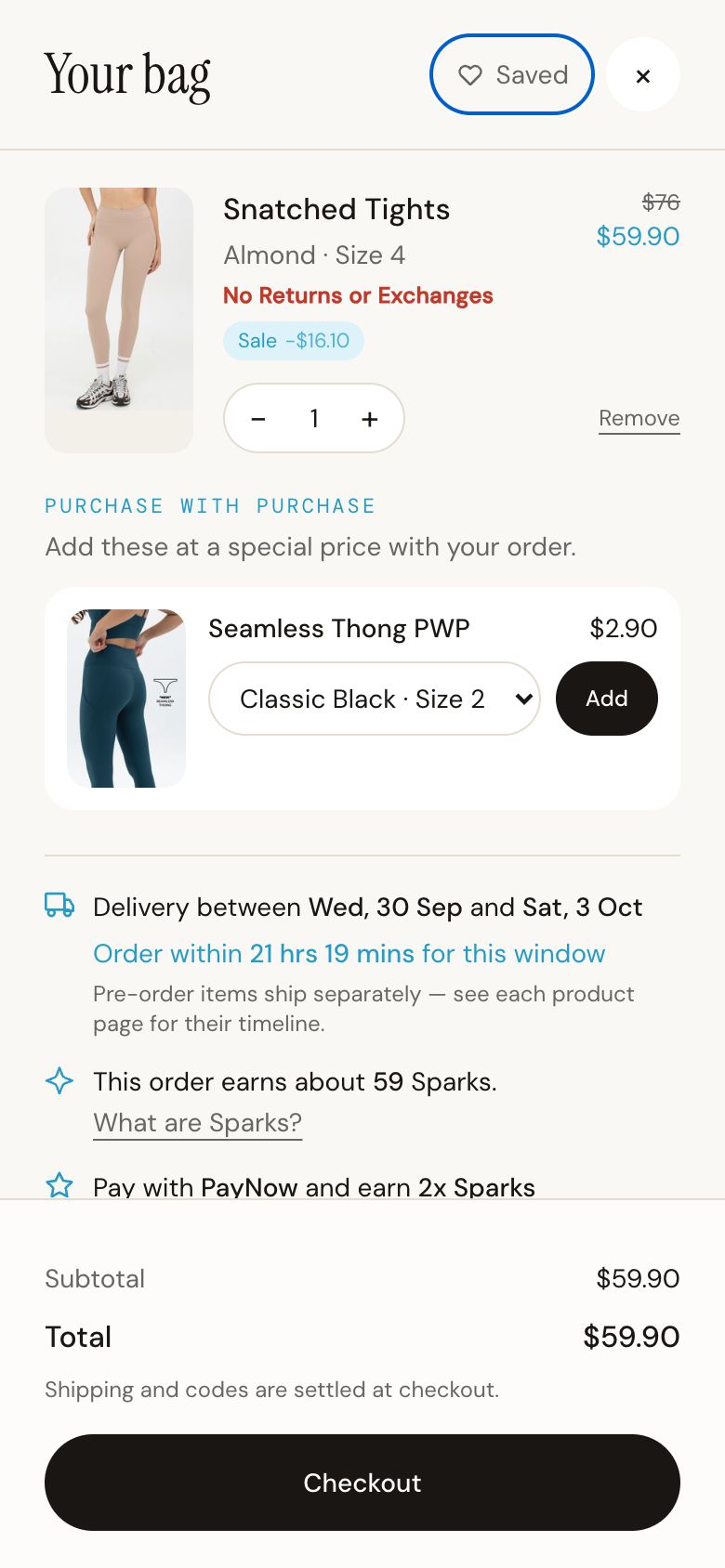 The bag: the item with its sale saving, a purchase-with-purchase offer, the delivery window, Sparks the order earns, and Pay with PayNow and earn 2x Sparks.