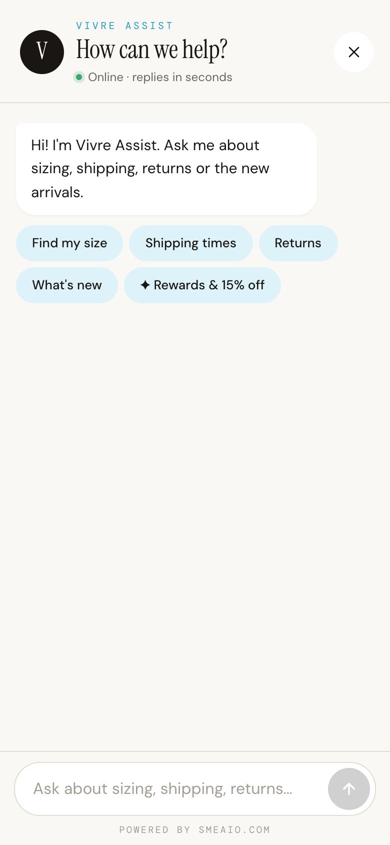 Vivre Assist opened on a phone: a greeting and quick buttons for Find my size, Shipping times, Returns, What's new and Rewards.