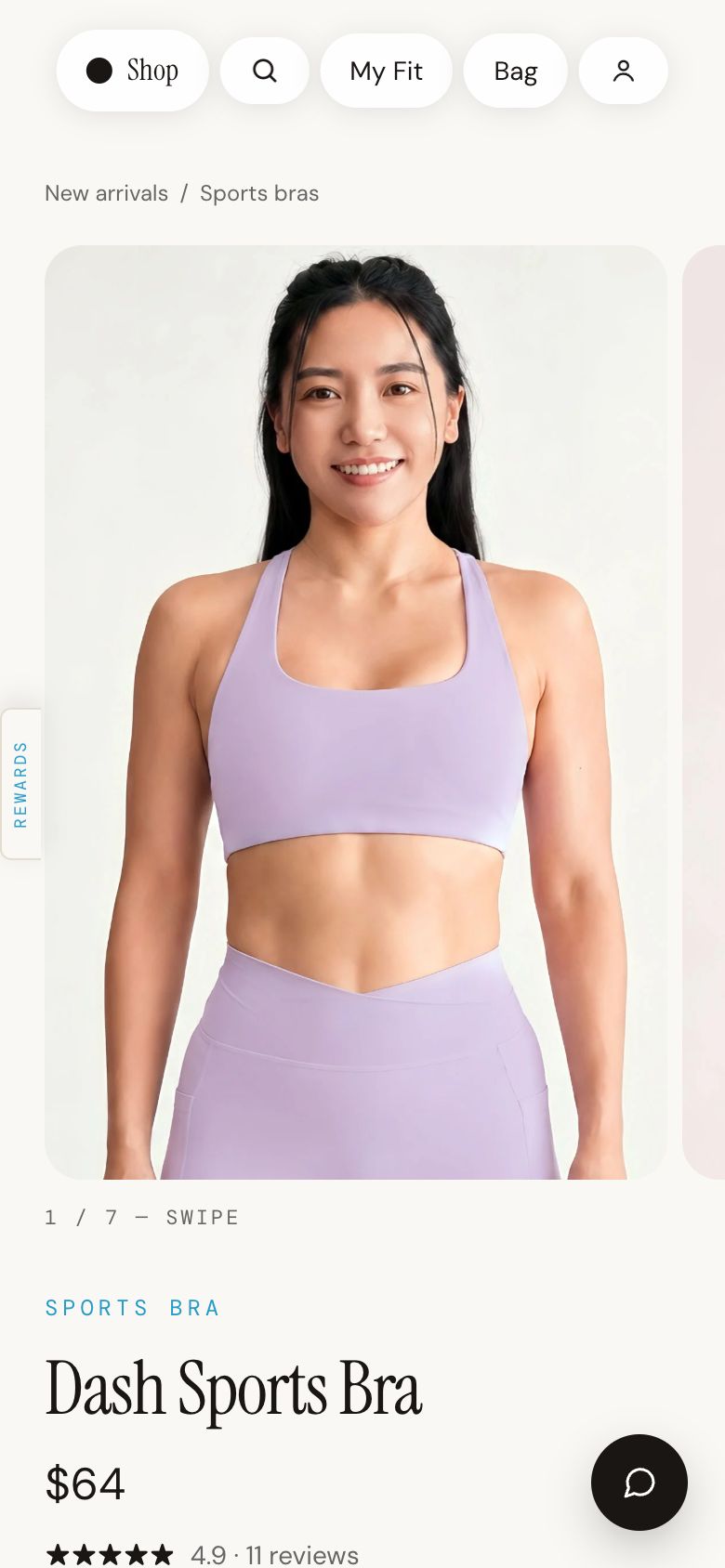 The same store on a phone, showing the Dash Sports Bra.
