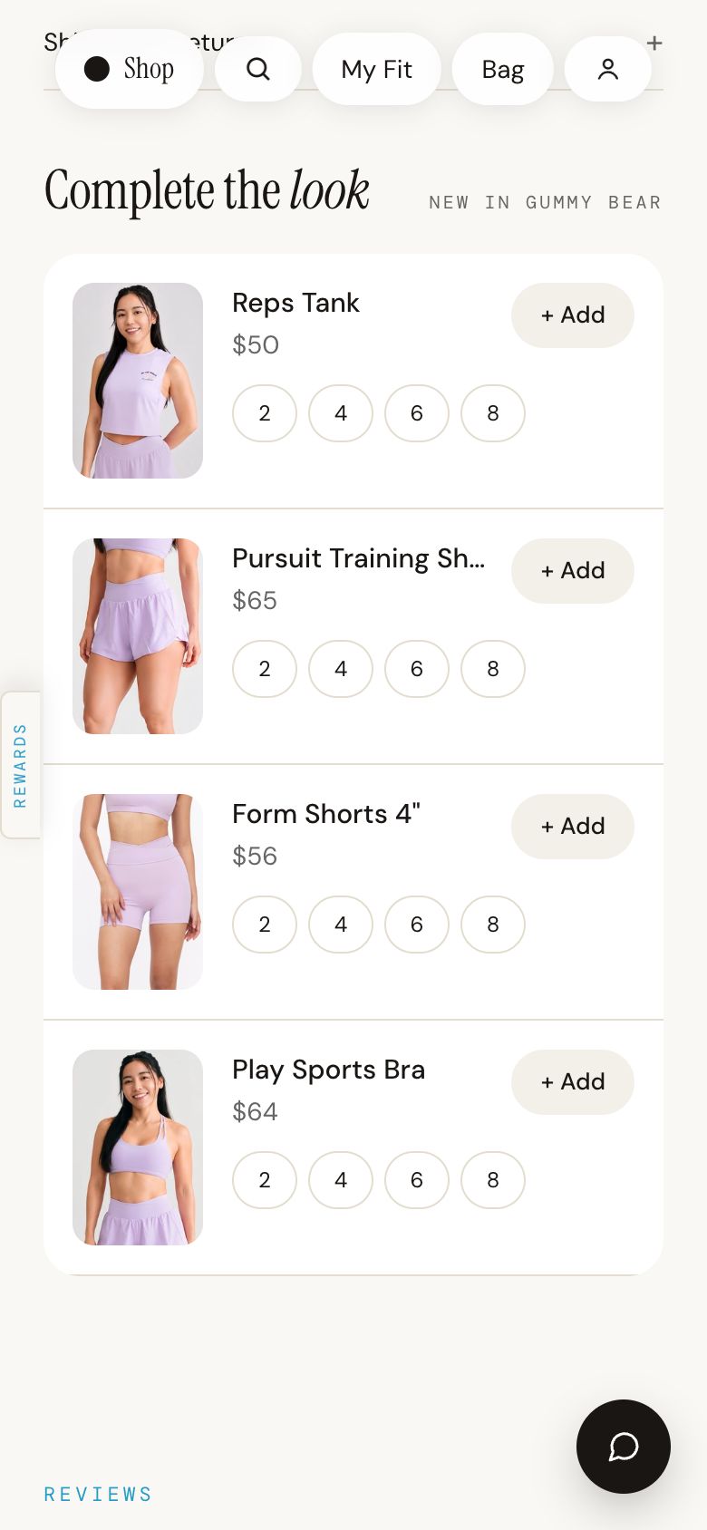 Complete the look under the Dash Sports Bra: a tank, two shorts and another bra in the same Gummy Bear colour, each with its sizes and an Add button.