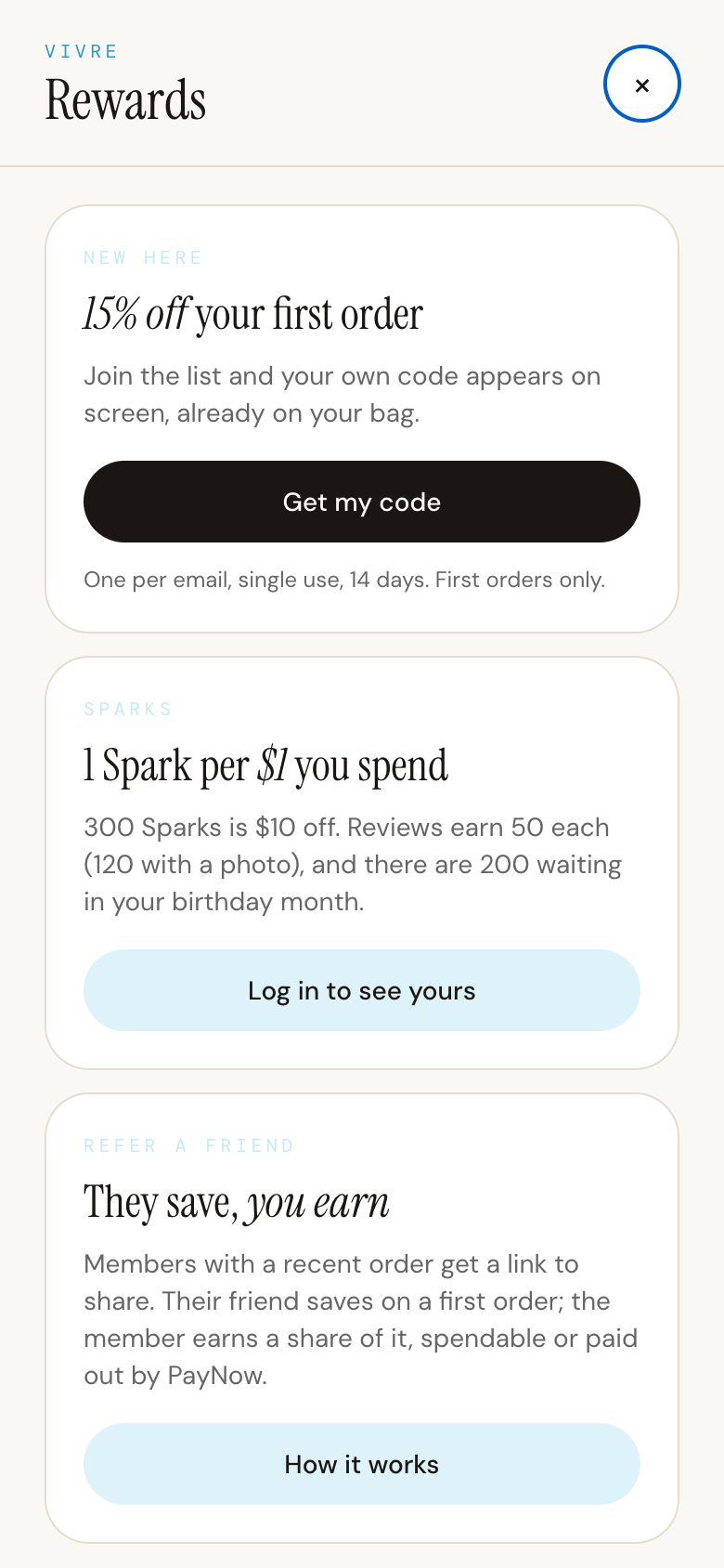 The Rewards panel: 15% off a first order, 1 Spark per dollar spent, and refer a friend.