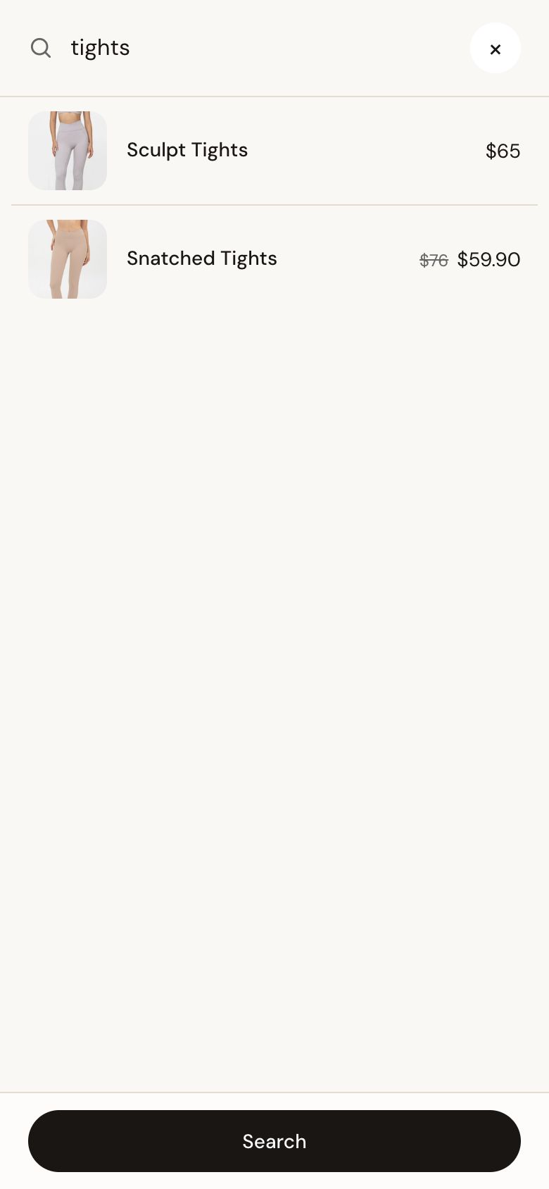 Instant search showing tights with photos and prices.