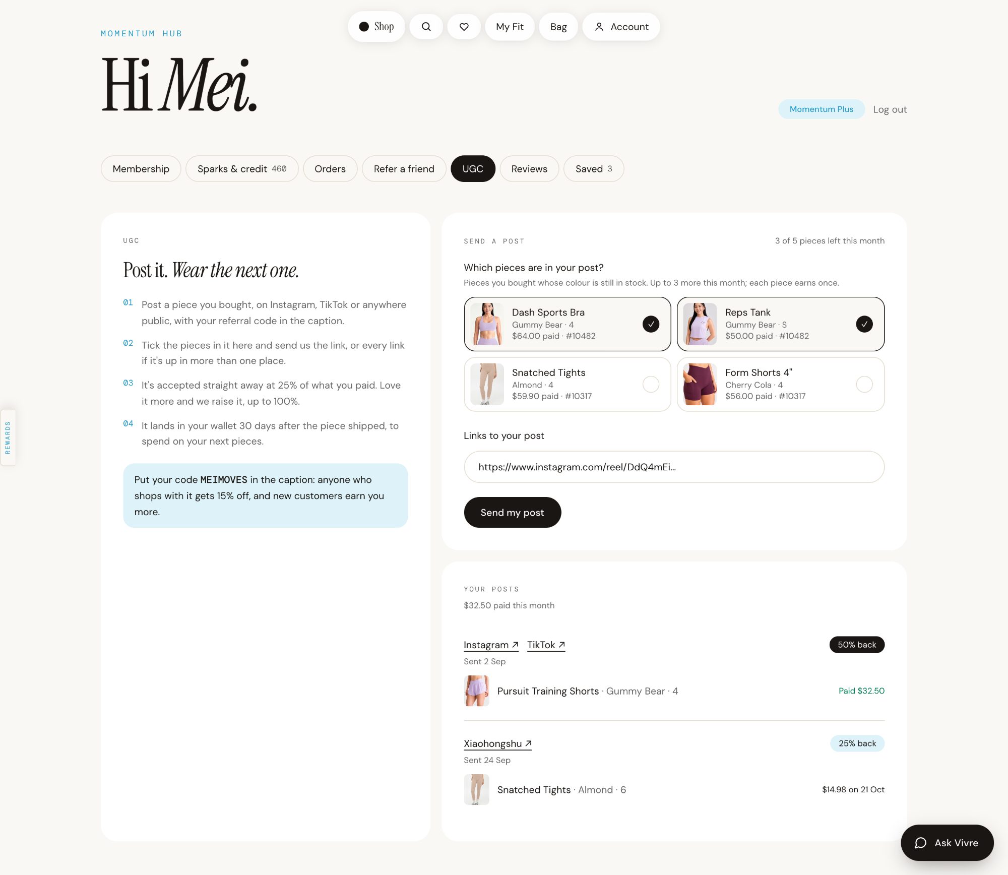 A signed-in customer's UGC tab: the steps, their referral code for the caption, the pieces they bought with two ticked for a post, the link to the post, and their past posts with 50% back paid and 25% back due.