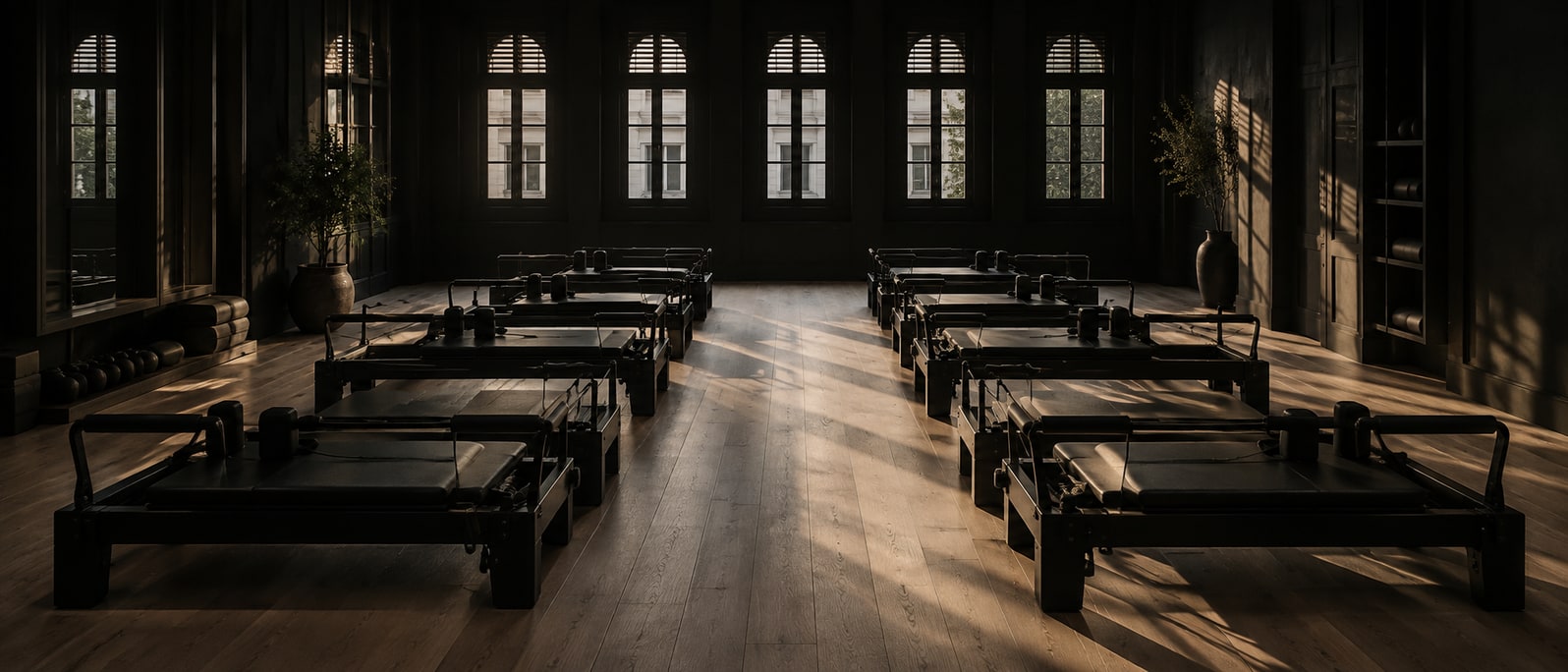 An empty reformer room in low morning light, ten machines in two rows.