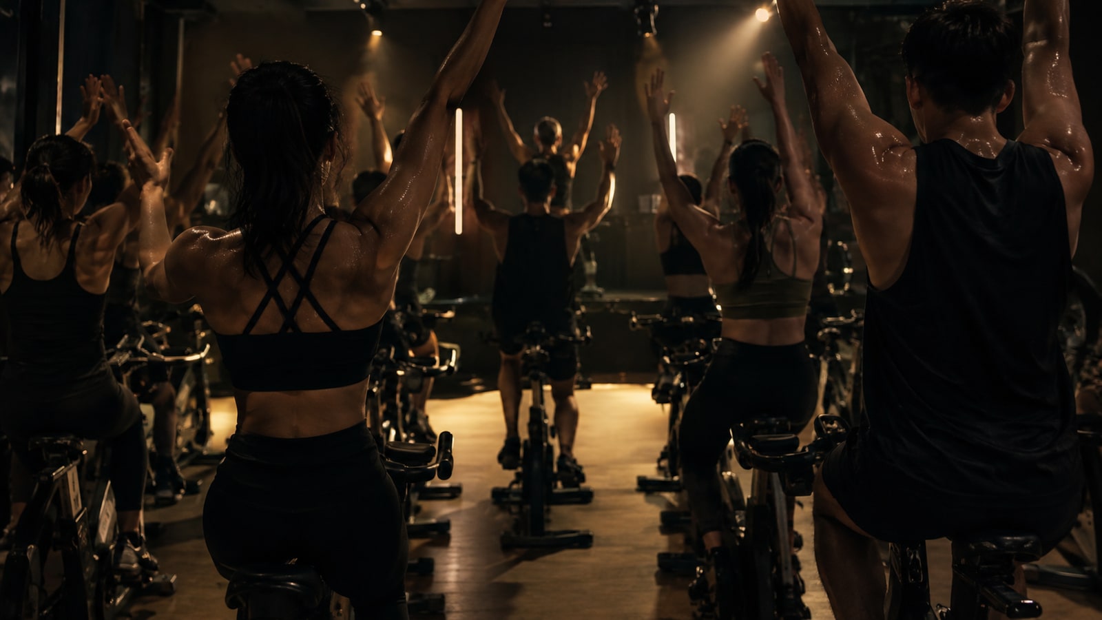 A full ride class from the back of the room, arms up at the end of the ride.