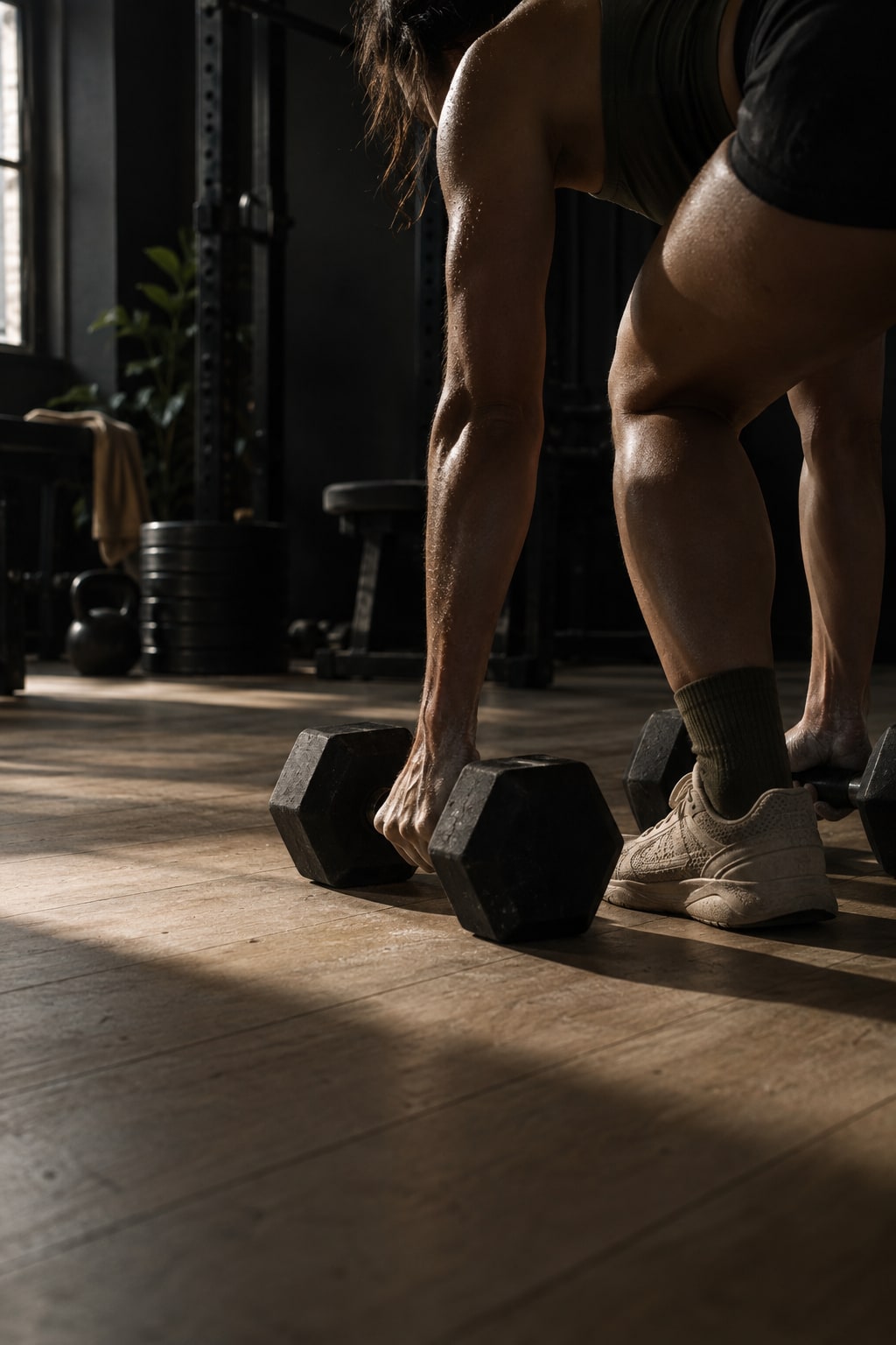 Chalked hands gripping two dumbbells on the floor, the lifter's shoes in frame.