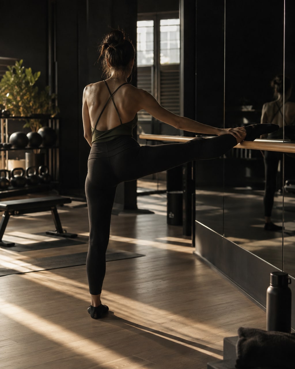 Priya at the barre in a long stretch, back to the camera.