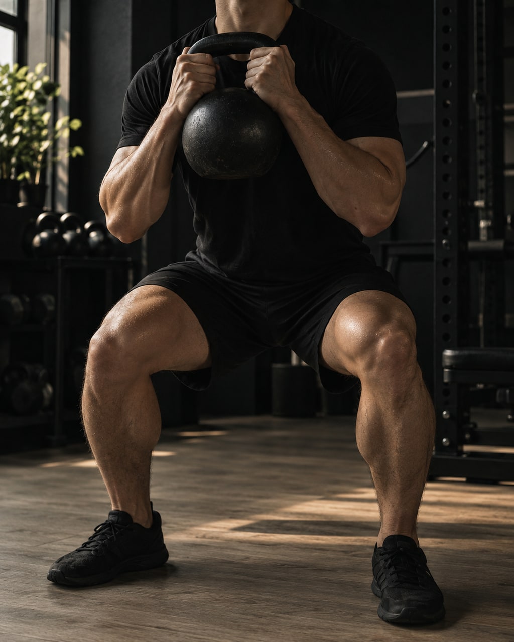 Marcus holding a kettlebell at his chest, face out of frame.