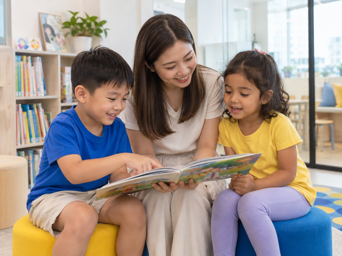 Two young children sound out words from a picture book with a teacher, on low stools.