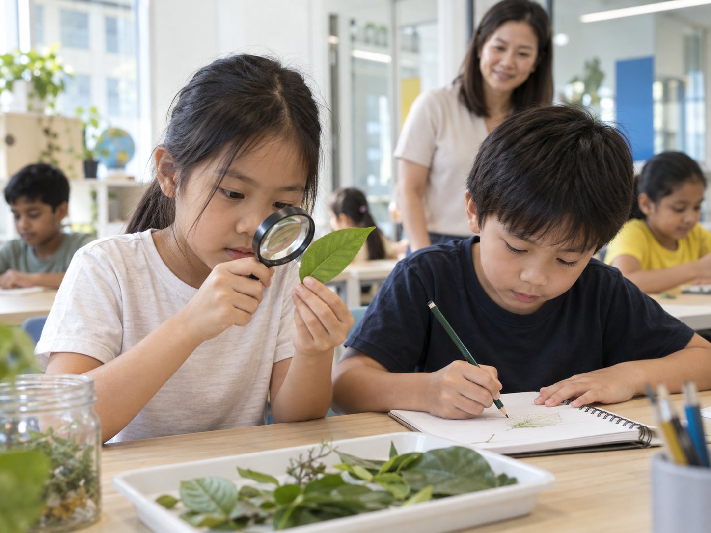 A girl looks at a leaf through a hand lens while the boy beside her draws it in a notebook.