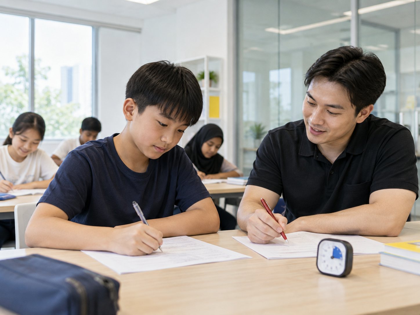 A P6 boy works through an exam-style Maths paper with a small timer on the table while a teacher marks beside him.