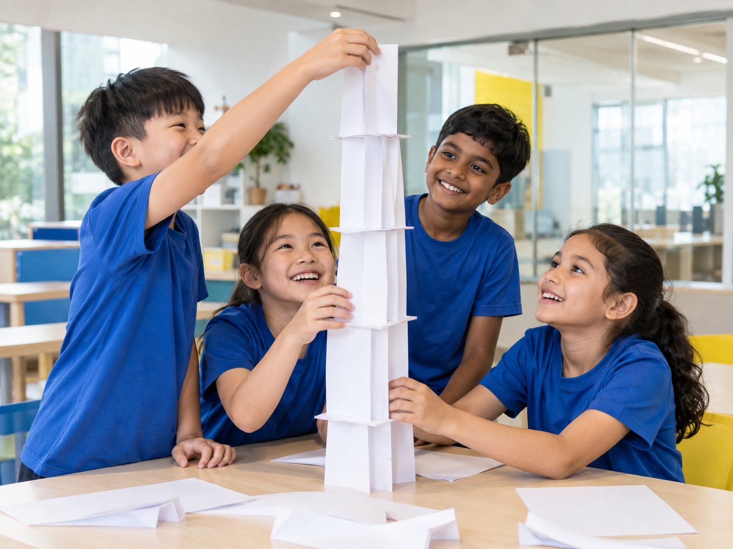Children in matching T-shirts build a tall paper tower together, laughing.