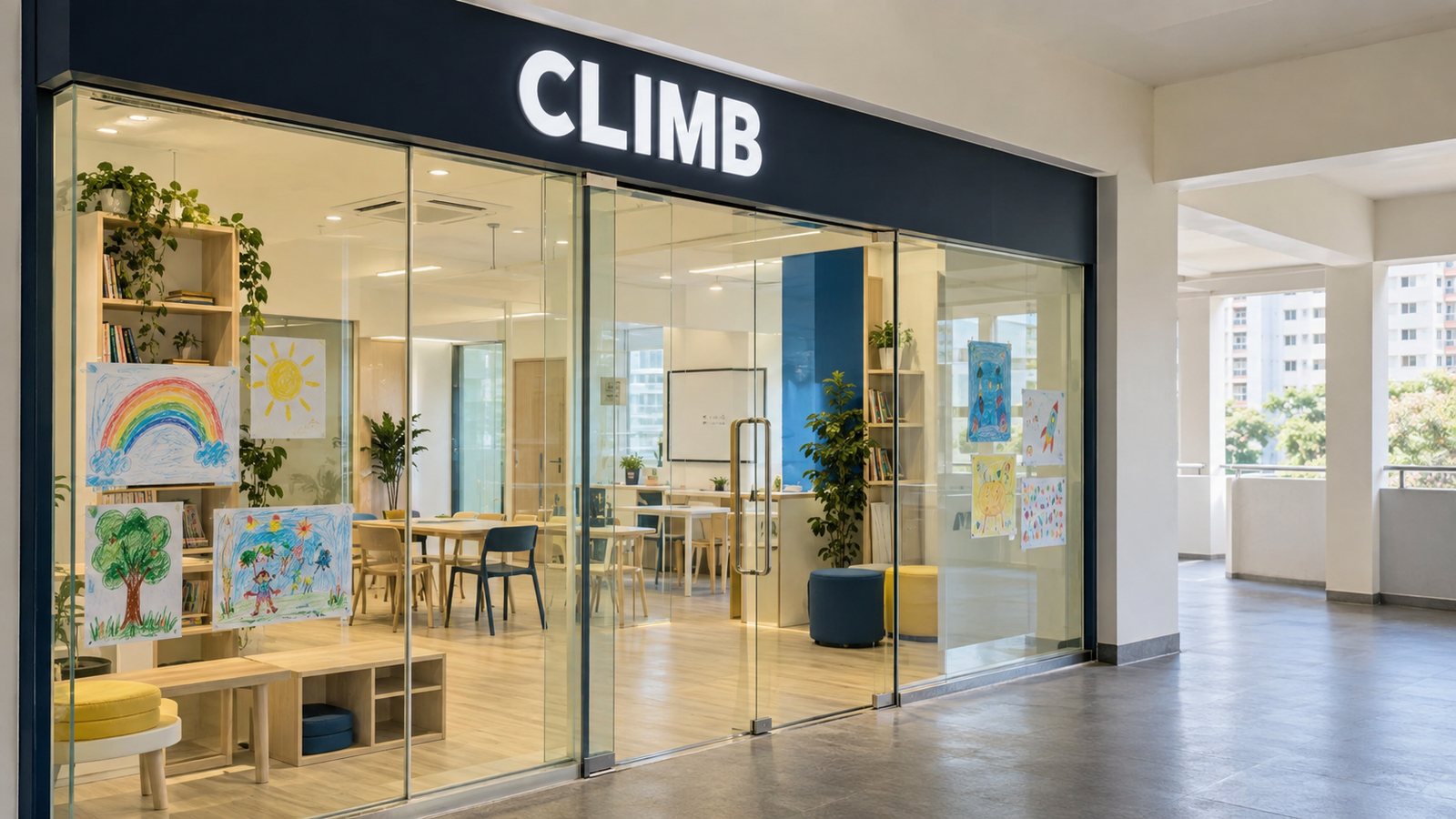 The Climb shopfront in an condo block: a glass front under a dark sign reading CLIMB, with children's drawings on the windows.