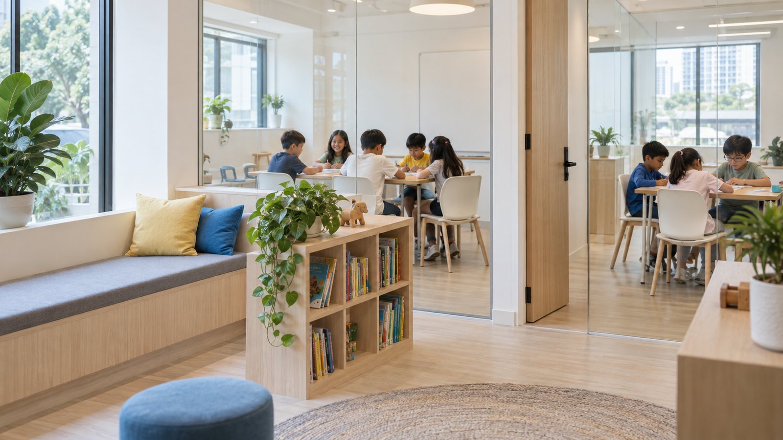 Inside the centre: a waiting area with a bench and bookshelf, and glass-walled classrooms behind with children at tables.