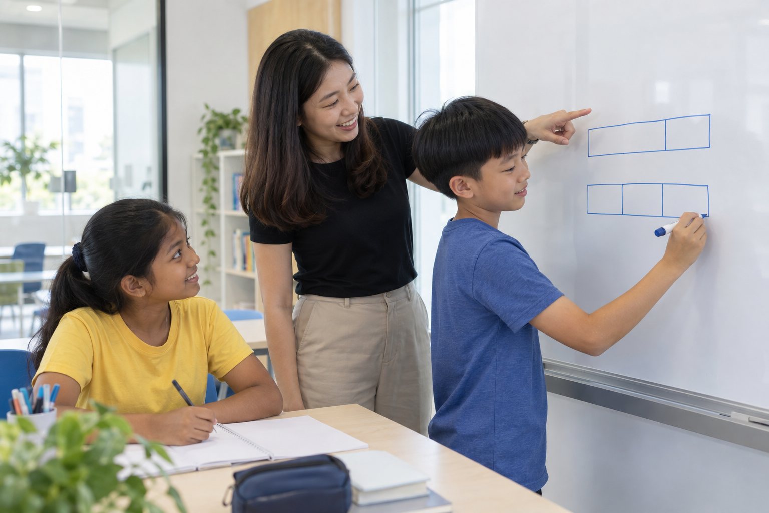 Two P5 children work a model-drawing Maths problem at a whiteboard while their teacher points.