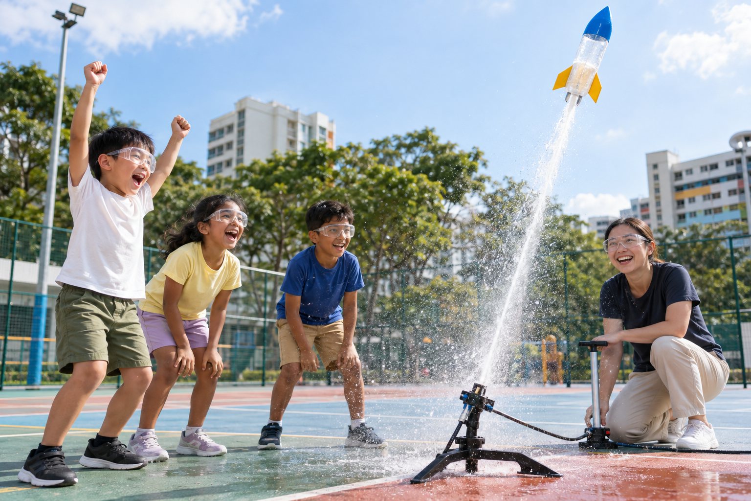Children in safety goggles launch a water-bottle rocket in an open-air court.