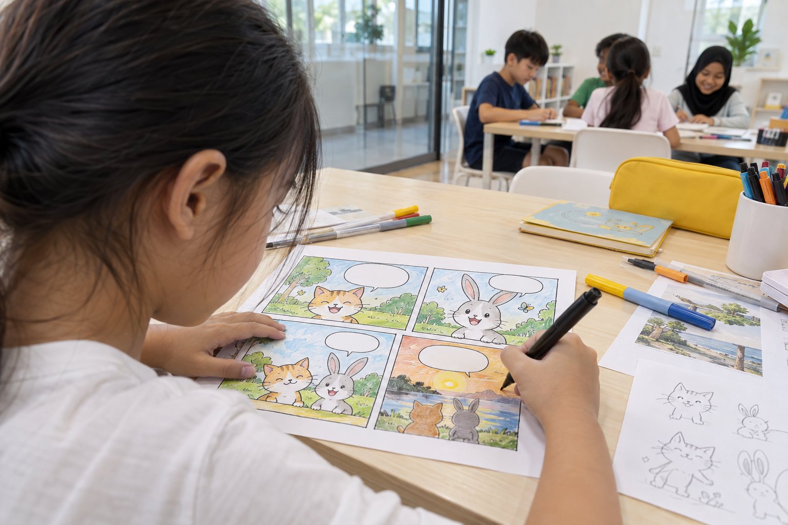 A child's hands ink a comic strip panel at a table covered with markers.