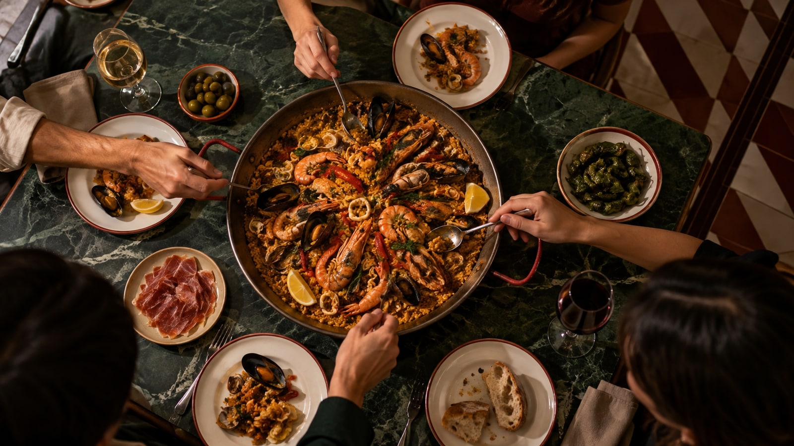 A big seafood paella pan on the table seen from above, hands reaching in with spoons.