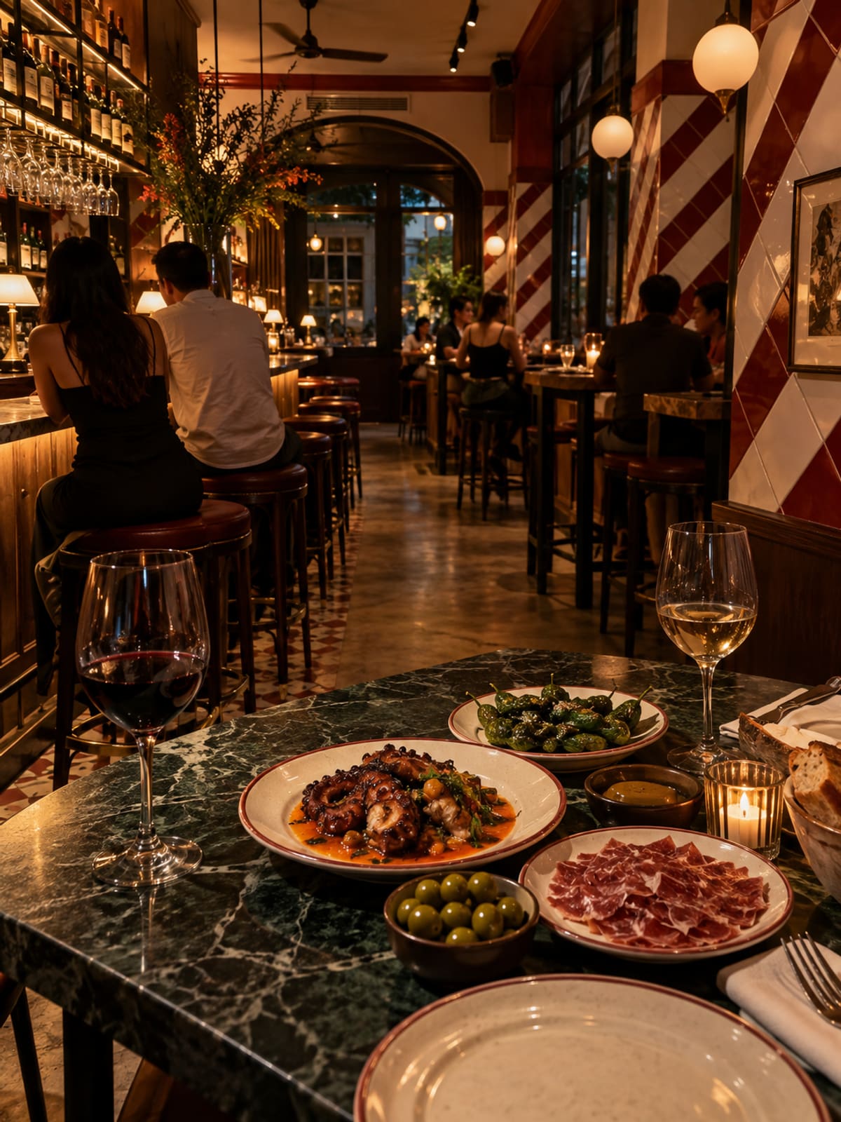 Inside Tía in the evening: a bar with red stools on the left, high tables, red and white diagonal wall tiles, and tapas with red and white wine on a green marble table.