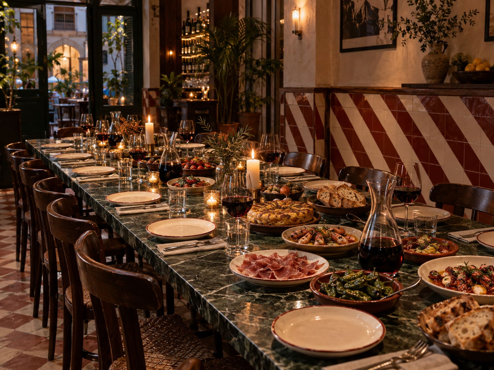 Tía's long table set for a party: candles, carafes of red wine, a tortilla, prawns and plates of ham, with red and white diagonal tiles on the wall.