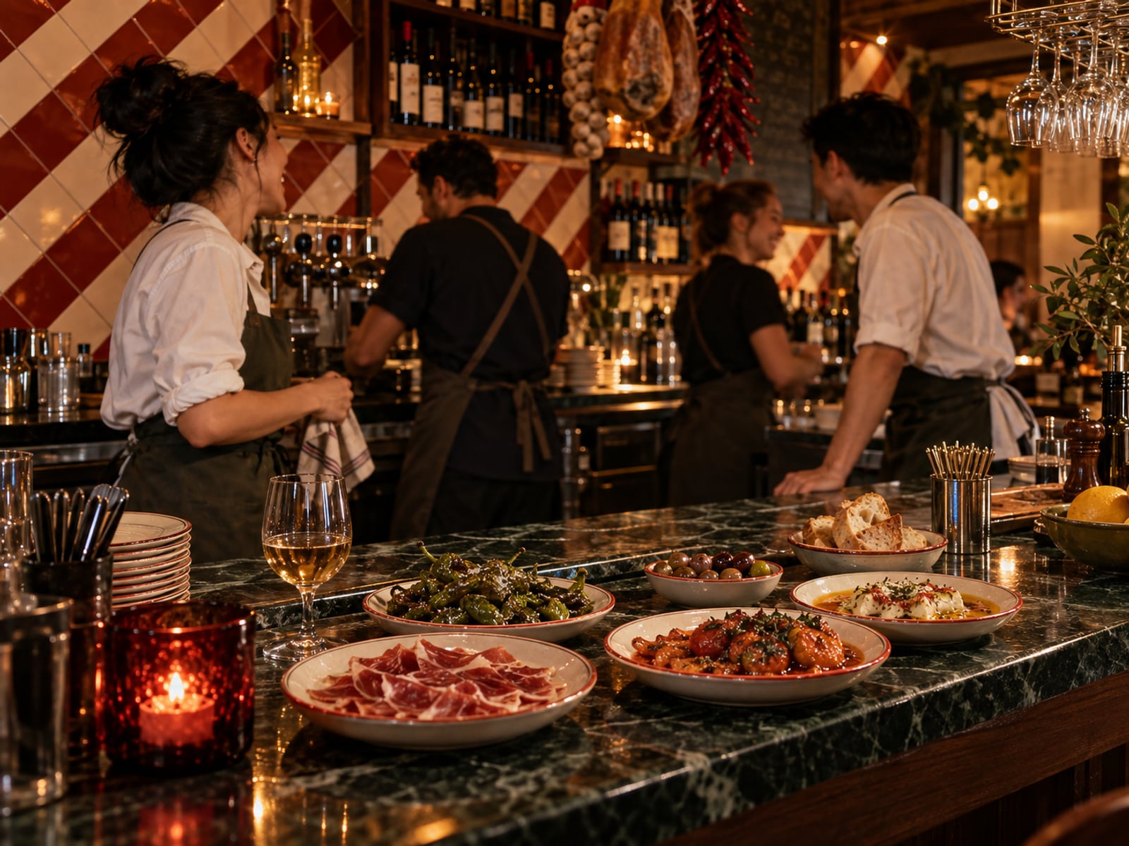Tía's team laughing together behind a marble bar laid with tapas, red and cream tiles on the wall behind them.