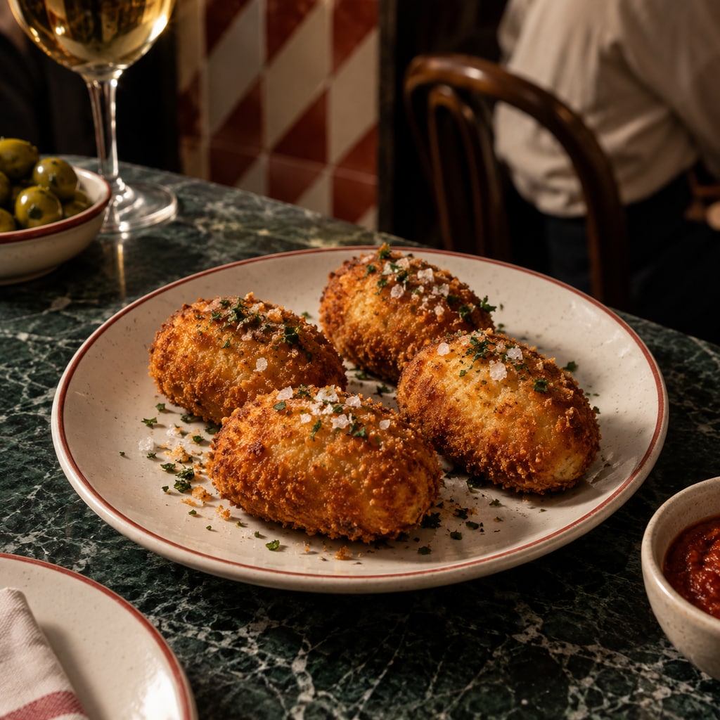 Chicken croquetas on a plate, one broken open.